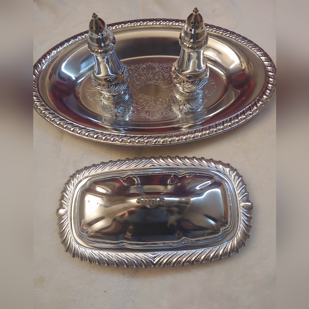 Silver Plated Salt 🧂 and Pepper 🌶️ Shakers & Tin Tray with Butter Dish